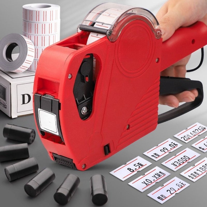 Red Single Row 8 Digit Label Printer With Cover Manual Price Tagger Machine - Image 1
