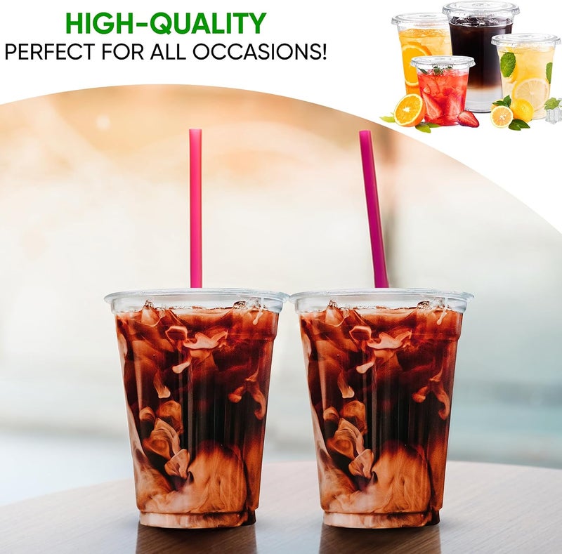Green Direct 12 oz. Disposable Cups With Lids | Clear Plastic Cups With Lids | Iced Coffee Cups For Bubble Boba Tea | Cup and Flat Lid For Cold Drinking & Smoothie 100 Sets - Image 4