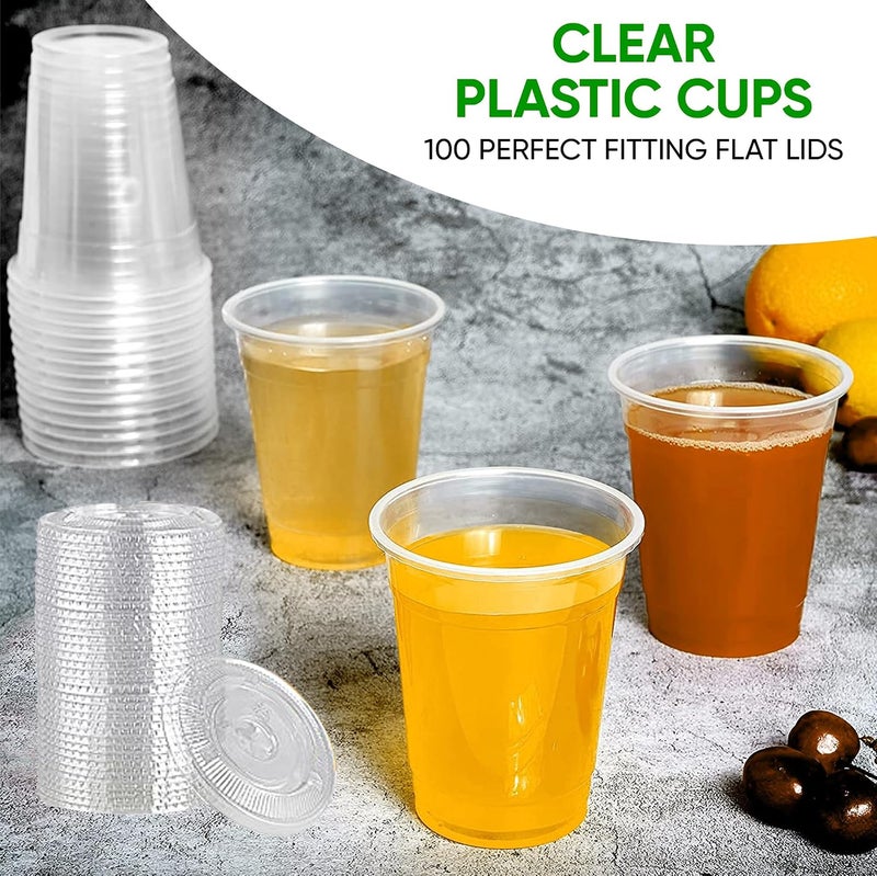 Green Direct 12 oz. Disposable Cups With Lids | Clear Plastic Cups With Lids | Iced Coffee Cups For Bubble Boba Tea | Cup and Flat Lid For Cold Drinking & Smoothie 100 Sets - Image 5