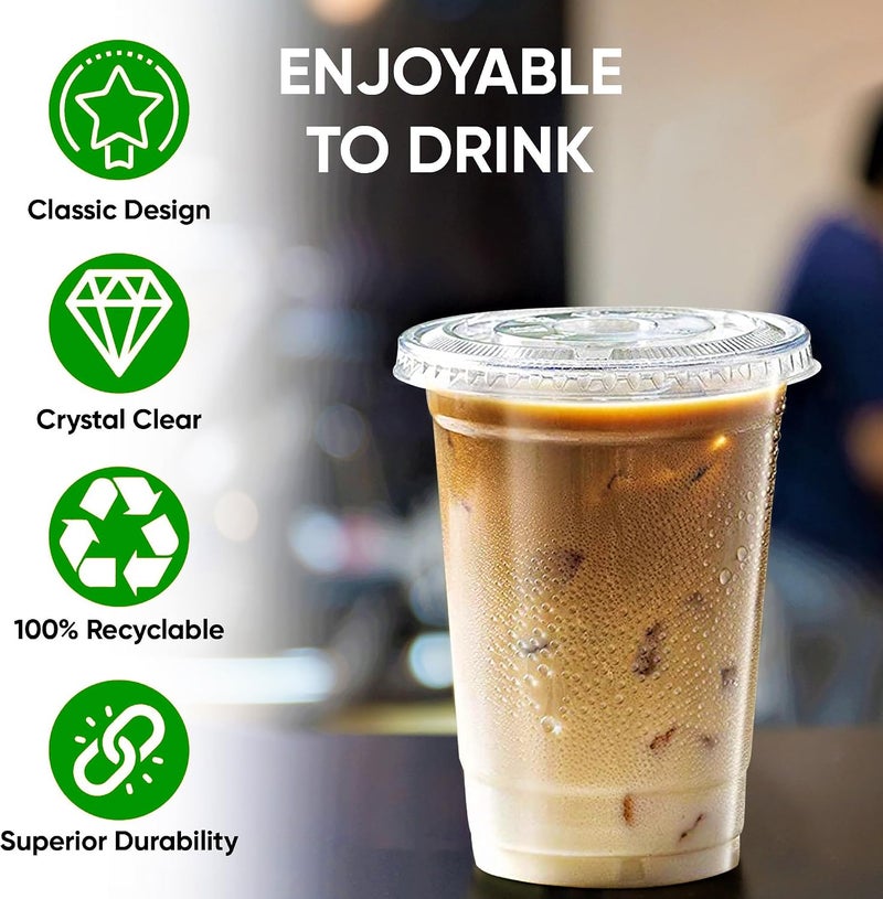 Green Direct 12 oz. Disposable Cups With Lids | Clear Plastic Cups With Lids | Iced Coffee Cups For Bubble Boba Tea | Cup and Flat Lid For Cold Drinking & Smoothie 100 Sets - Image 3