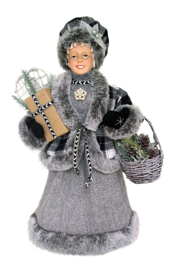 Windy Hill Collection Black  White Stylish Plaid Checkered Mrs Claus 16 inch Standing Christmas Figurine Figure Decoration 160036