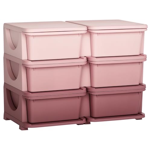 Qaba 3 Tier Kids Storage Unit 6 Drawer Chest Toy Organizer Plastic Bins for Kids Bedroom Nursery Kindergarten Living Room for Boys Girls Toddlers Pink