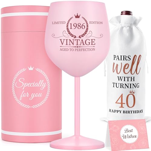 Lifecapido 40th Birthday Gifts Women, Vintage 1986 Stainless Steel Wine Glass with Wine Bag and Card, 40th Birthday Decorations for Women, 40 Year Old Birthday Gifts for Mom Aunt Sister Friends Wife - Image 1