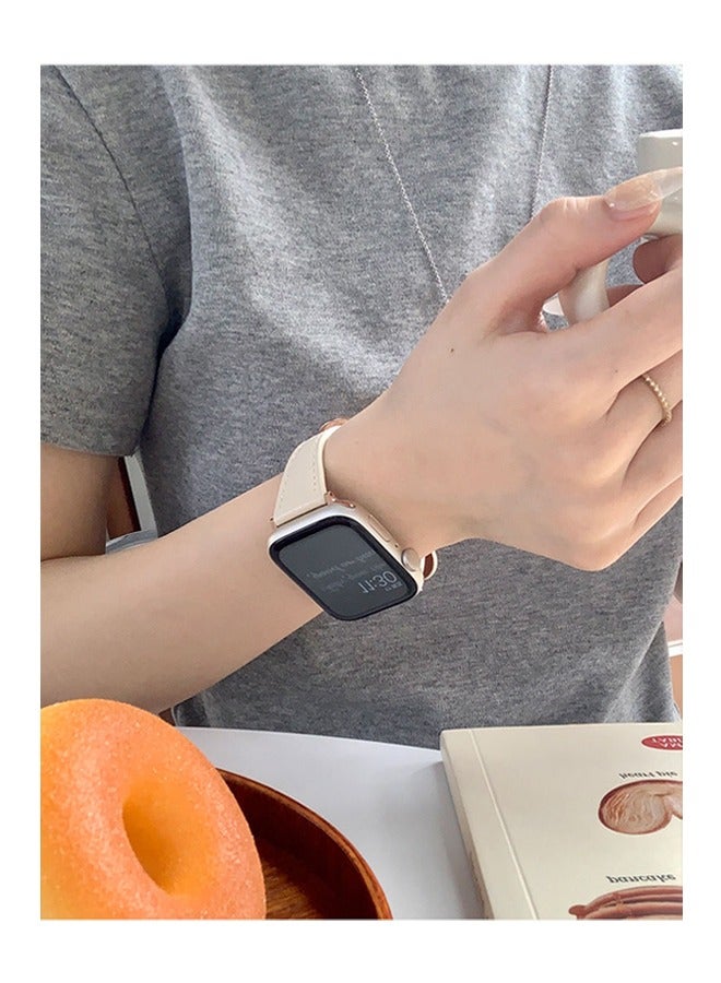 For Apple Watch Leather Band, Compatible with Apple Watch Band 42mm 44mm 45mm 46mm 49mm Women, Top Grain Genuine Leather Strap Thin Watch Wristband for iWatch Series10 9 8 7 6 5 4 3 2 1 SE Ultra 2 off white﻿ - Image 3