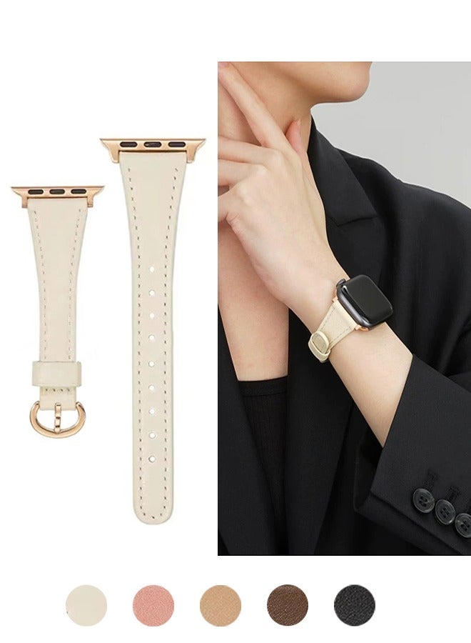 For Apple Watch Leather Band, Compatible with Apple Watch Band 42mm 44mm 45mm 46mm 49mm Women, Top Grain Genuine Leather Strap Thin Watch Wristband for iWatch Series10 9 8 7 6 5 4 3 2 1 SE Ultra 2 off white﻿ - Image 1