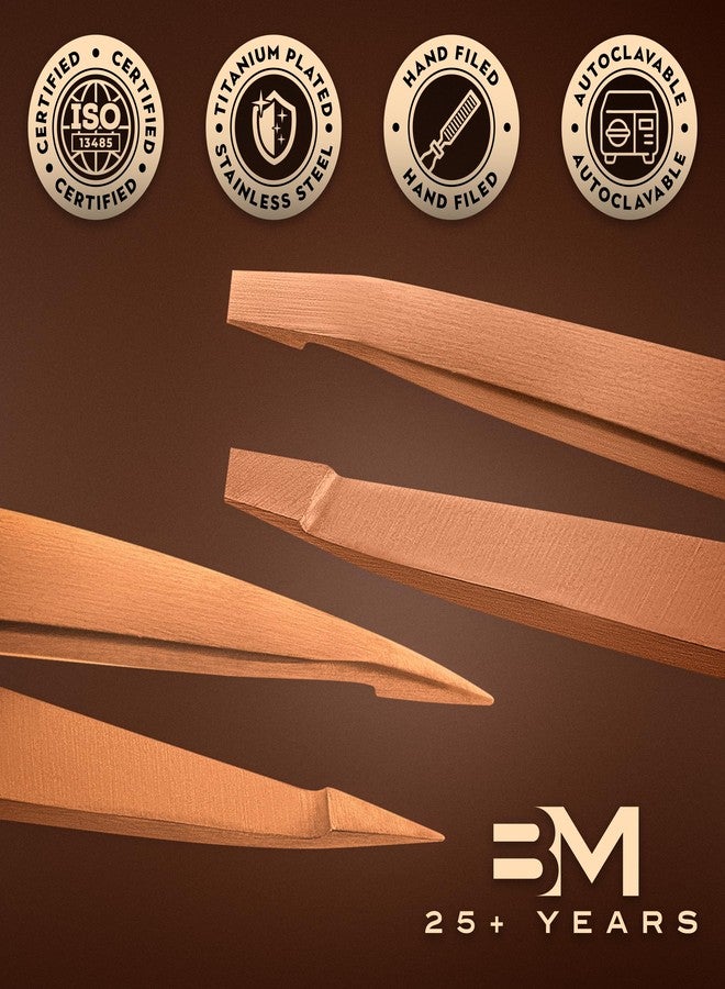 By MILLY Precision Tweezers Set | Titanium Series | Slanted and Pointed Tip Tweezers Kit | Aligned & Hand-Filed Tweezer Set Professional | Hair Removal & Eyebrow Tweezers | Rose Gold - Image 4