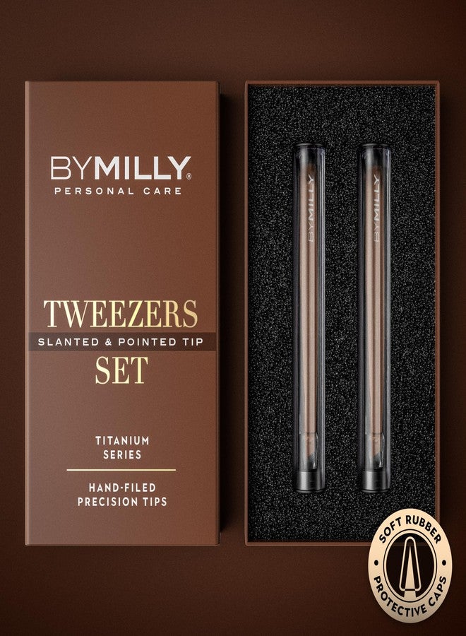 By MILLY Precision Tweezers Set | Titanium Series | Slanted and Pointed Tip Tweezers Kit | Aligned & Hand-Filed Tweezer Set Professional | Hair Removal & Eyebrow Tweezers | Rose Gold - Image 2