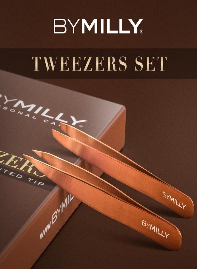 By MILLY Precision Tweezers Set | Titanium Series | Slanted and Pointed Tip Tweezers Kit | Aligned & Hand-Filed Tweezer Set Professional | Hair Removal & Eyebrow Tweezers | Rose Gold - Image 3