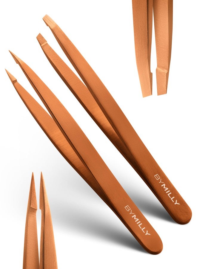 By MILLY Precision Tweezers Set | Titanium Series | Slanted and Pointed Tip Tweezers Kit | Aligned & Hand-Filed Tweezer Set Professional | Hair Removal & Eyebrow Tweezers | Rose Gold - Image 1