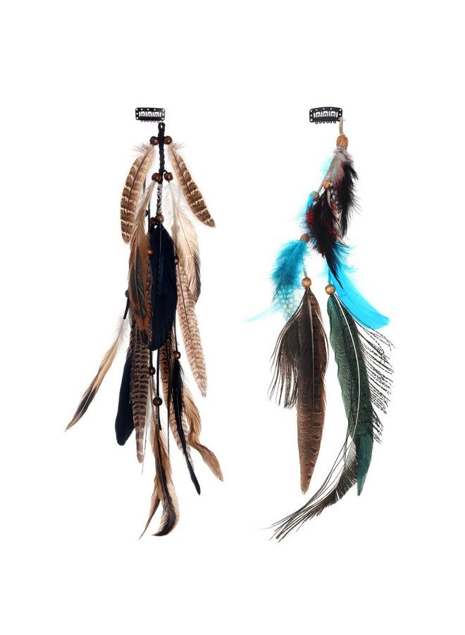 MWOOT Woot 2Pcs Feather Hair Clipin Extensions For Women Halloween Cosplay Costume Carnival Party Headdress Handmade Bohemian Hippie Hair Clip Comb Mixed Peacock Pheasant Tails Feather Clips Black Brown - Image 1