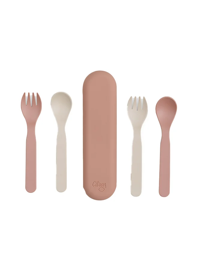 Citron Unbreakable Cutlery And Case Set of 2, 100% Organic, Reusable, Biodegradable, Environment Friendly, And Unbreakable - Pink/Cream