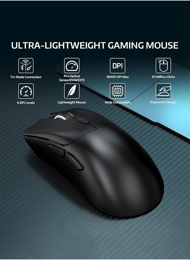 Attack Shark - R1 Wireless Gaming Mouse,Tri-Mode Connection (2.4G/Wired/BT5.2),55g Lightweight,18K DPI Optical Sensor,HUYU 20 Million Key Life,Ergonomic Design,for PC/Laptop/Win/Mac(Black) - Image 1