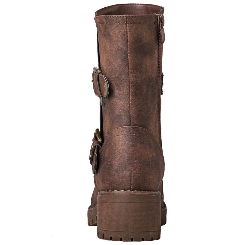 GLOBALWIN Lace up Mid Calf Motorcycle Fashion Festival Boots Combat Riding Military Boots for Women Brown Size 9 - Image 5