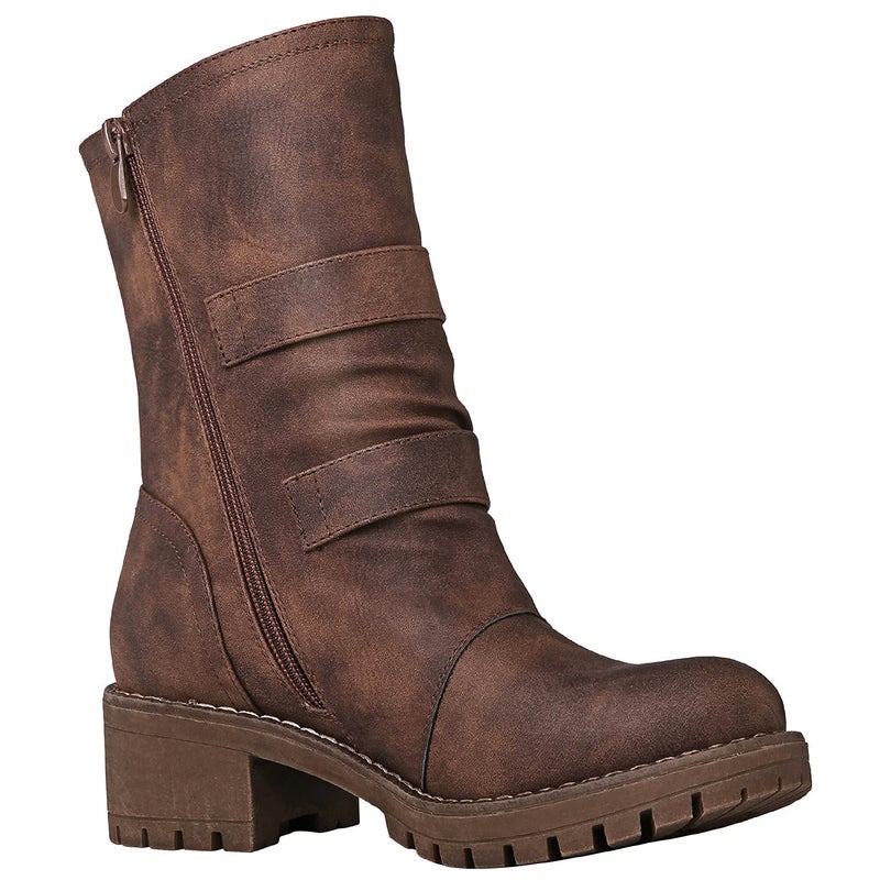 GLOBALWIN Lace up Mid Calf Motorcycle Fashion Festival Boots Combat Riding Military Boots for Women Brown Size 9 - Image 3