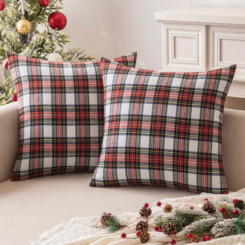 MIULEE Christmas Set of 2 Scottish Tartan Plaid Throw Pillow Covers Farmhouse Classic Decorative Square Cushion Cases for Home Decor Sofa Couch 22x22 Inch  Red and White - Image 1