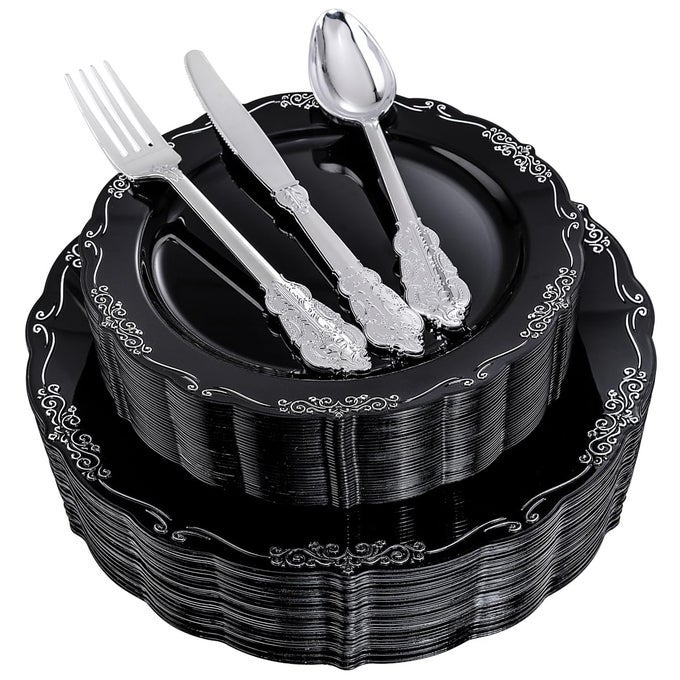 150 PCS BLACK SILVER PLASTIC PLATES SILVER PLASTIC SILVERWAREBLACK SILVER DISPOSABLE PLATES FOR INCLUDE 30 DINNER PLATE30 DESSERT PLATE30 KNIVES30 FORKS30 SPOONS FOR PARTY WEDDING
