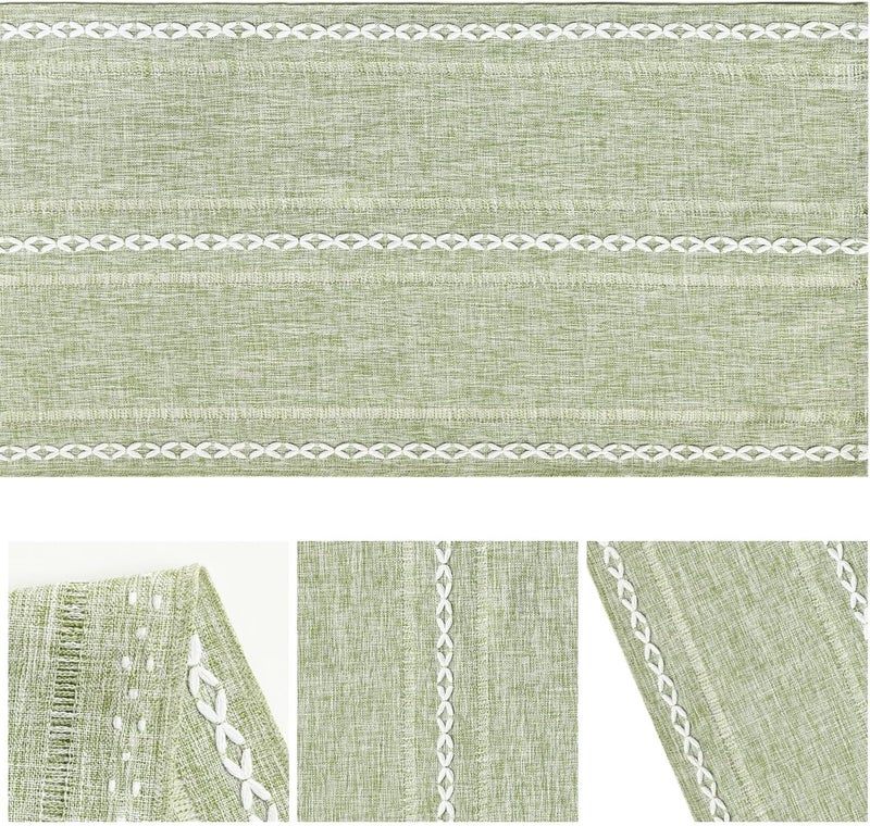 Rustic Sage Green Cotton Linen Table Runner with Embroidered Design, 13x72 Inch - Image 2