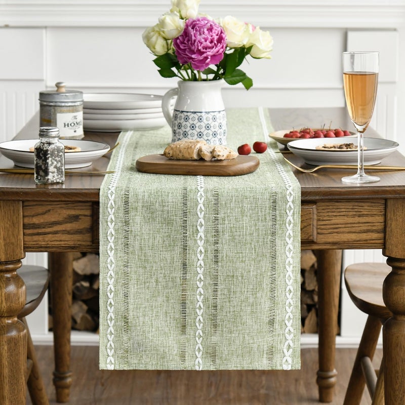 Rustic Sage Green Cotton Linen Table Runner with Embroidered Design, 13x72 Inch - Image 3