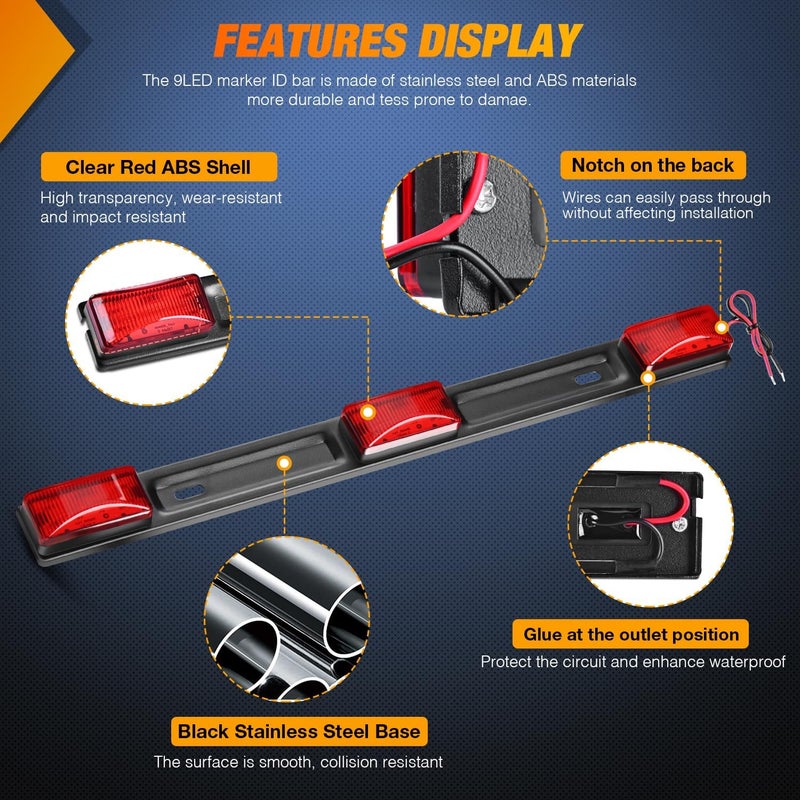 Nilight 9 LED Marker Tail Trailer Light Bar 14.2Inch 2 PCS Red Clearance Identification Running Marker ID Rear Stainless Steel Bracket for 12V Pickup Truck Trailer RV Boat Light precision processed material - Image 4