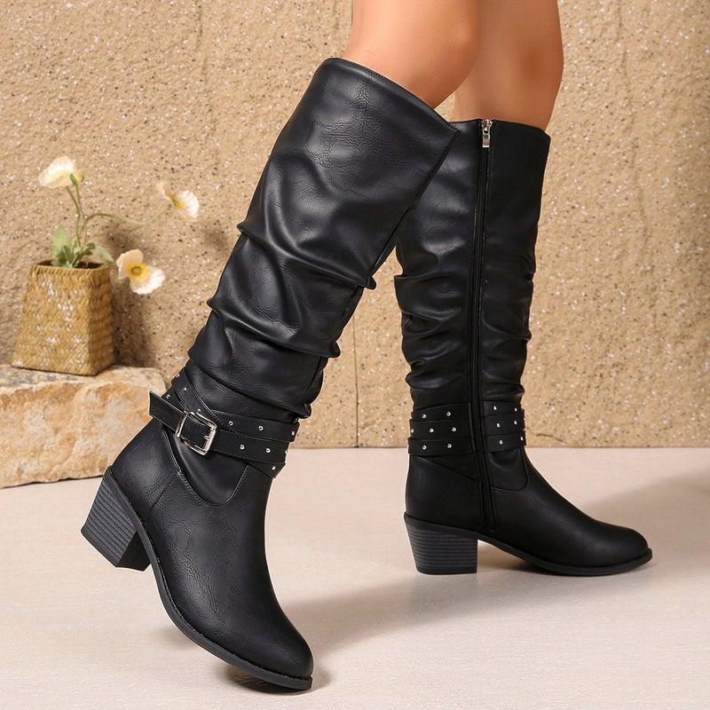 Fashionable Western Cowboy Retro Martin Boots With High Tube Belt Buckle And Riding Style Leather Boots For Large Sizes - Image 1