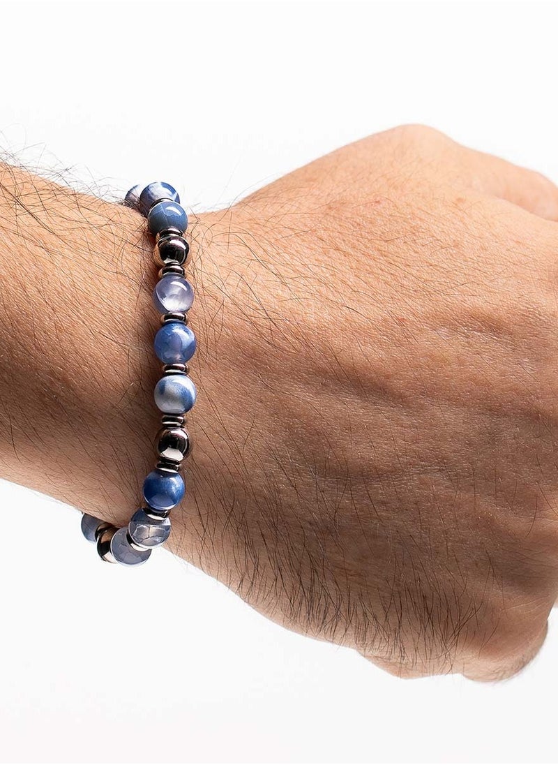 CHRYSOSTOMOS Handmade Beaded Bracelet for Men with Blue Agate and Hematite Grommet  - Image 3