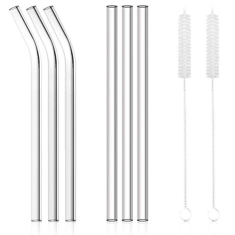 AKONEGE AKONEGE 6 Pack Reusable Glass Straws Clear Glass Drinking Straw 85x10MM 3 Straight and 3 Bent Glass Straw with 2 Cleaning Brushes for Smoothies Milkshakes Tea Juice Hot  Frozen Drinks 