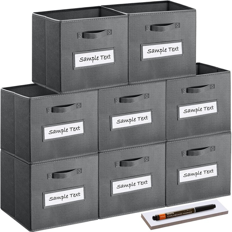 artsdi Fabric storage cubes Set of 8 11 Inch Cube Storage Bin cube storage with 8 Labels Window Cards a Pen Foldable cube organizer bins 11x11 storage bin Cubby Organizer bins Gray