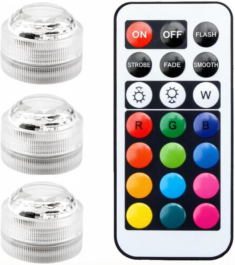 3 Pack Mini RGB Submersible LED Lights with 21-Key Remote, Waterproof Set - Image 1