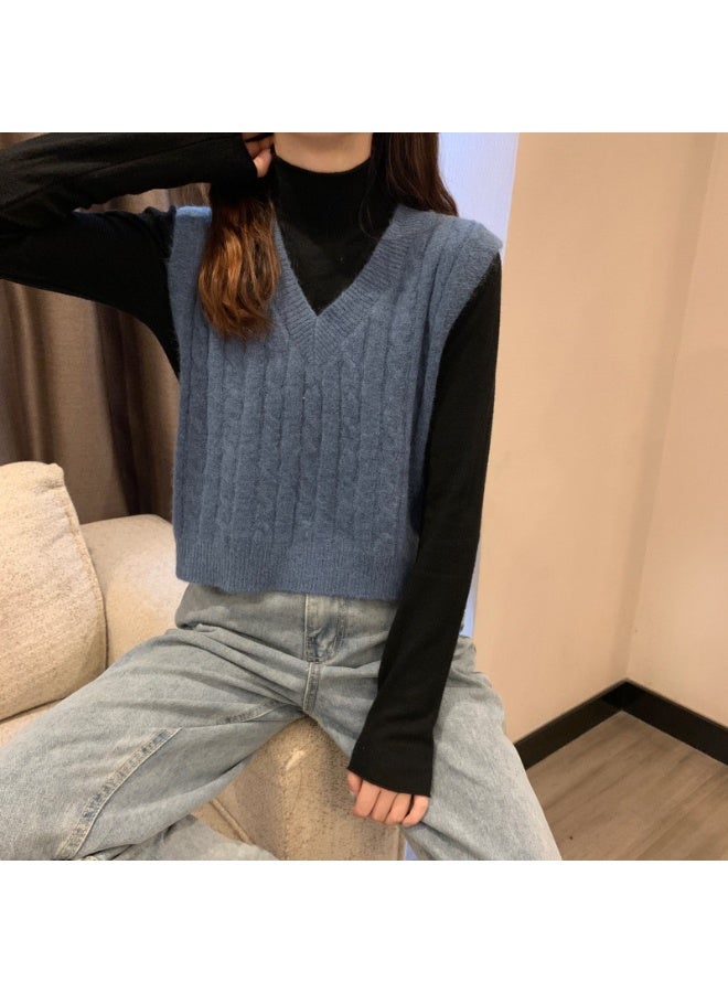 NIBEMINENT Vest Women Solid Loose Korean Student Sleeveless Knitted V-Neck Autumn Sweater Vest Female Coats Simple Outwear Pullover Tops - Image 1