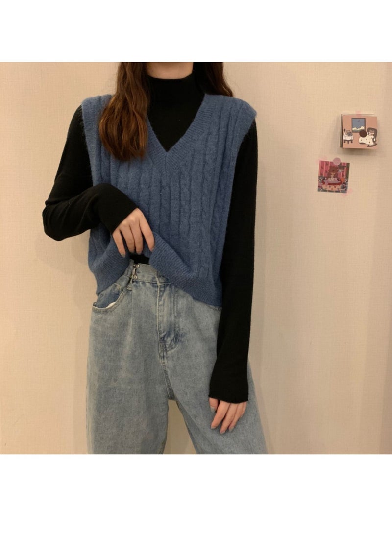 NIBEMINENT Vest Women Solid Loose Korean Student Sleeveless Knitted V-Neck Autumn Sweater Vest Female Coats Simple Outwear Pullover Tops - Image 3