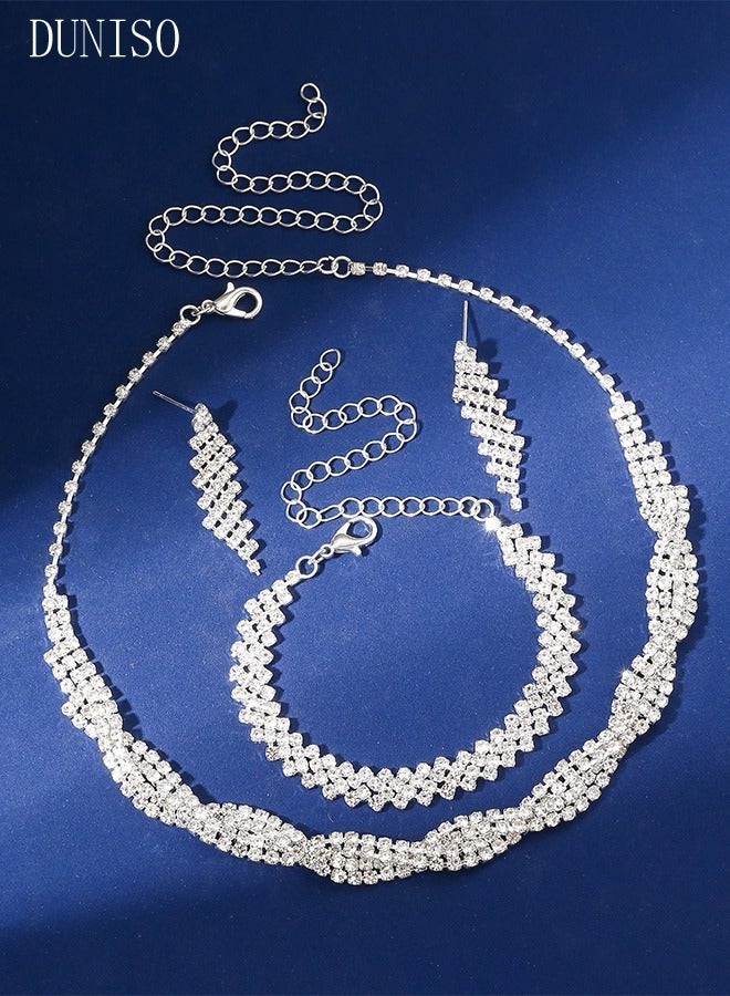 DUNISO 3Piece Jewelry Set With Necklace Bracelet and Earrings Full Diamond V Neck Necklace Crystal Earrings Wedding Bridal Bridesmaid Costume Jewelry Set for Women and Girls Dress Accessories - Image 3