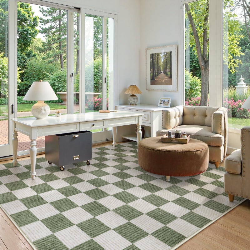 LIVEBOX 8x10 Area Rugs for Living Room, Checkered Non-Slip Washable Rugs, Farmhouse Neutral Classic Geometric Large Boys Area Rug for Bedroom, Carpet for Living Dining Room Office(Sage Green,8'x10') - Image 3