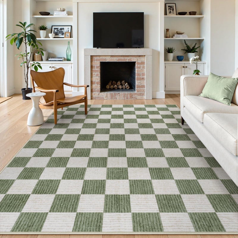 LIVEBOX 8x10 Area Rugs for Living Room, Checkered Non-Slip Washable Rugs, Farmhouse Neutral Classic Geometric Large Boys Area Rug for Bedroom, Carpet for Living Dining Room Office(Sage Green,8'x10') - Image 1