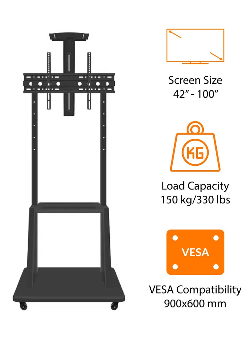 Mobile TV Floor Stand for 42-100 Inch TVs up to 150 kg, VESA 900x600 mm, Heavy Duty TV Stand with Locking Wheels, AV Support Shelf, and Height Adjustment, Black | TF-FS1700B - pzsku/Z8685FD2EE832F30E8955Z/45/1741255038/63ba4cd2-b045-48ef-822a-d93137854088