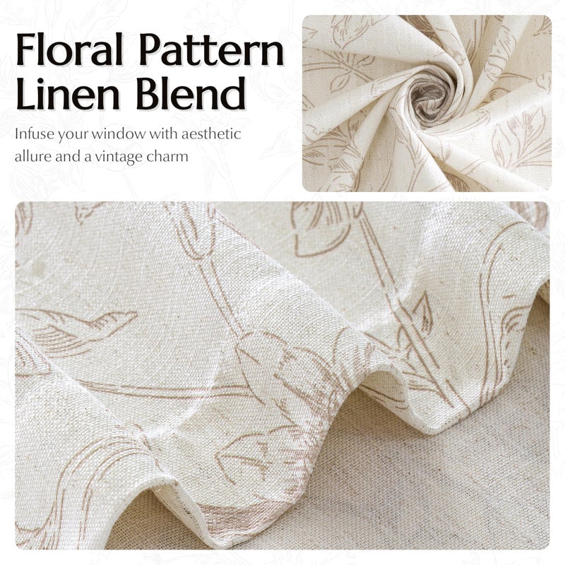 BILEEHOME Tan Beige Floral Linen Curtains Pinch Pleated for Living Dining Room 96 Inch Length 2 Panels Coffee Flower Pattern Printed Curtains Back Tab Semi Sheer Farmhouse Rustic Country Drape for Bedroom - Image 3