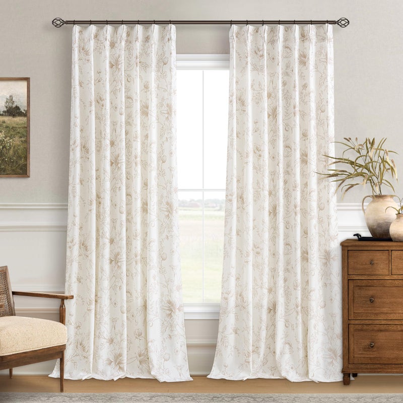 BILEEHOME Tan Beige Floral Linen Curtains Pinch Pleated for Living Dining Room 96 Inch Length 2 Panels Coffee Flower Pattern Printed Curtains Back Tab Semi Sheer Farmhouse Rustic Country Drape for Bedroom - Image 1