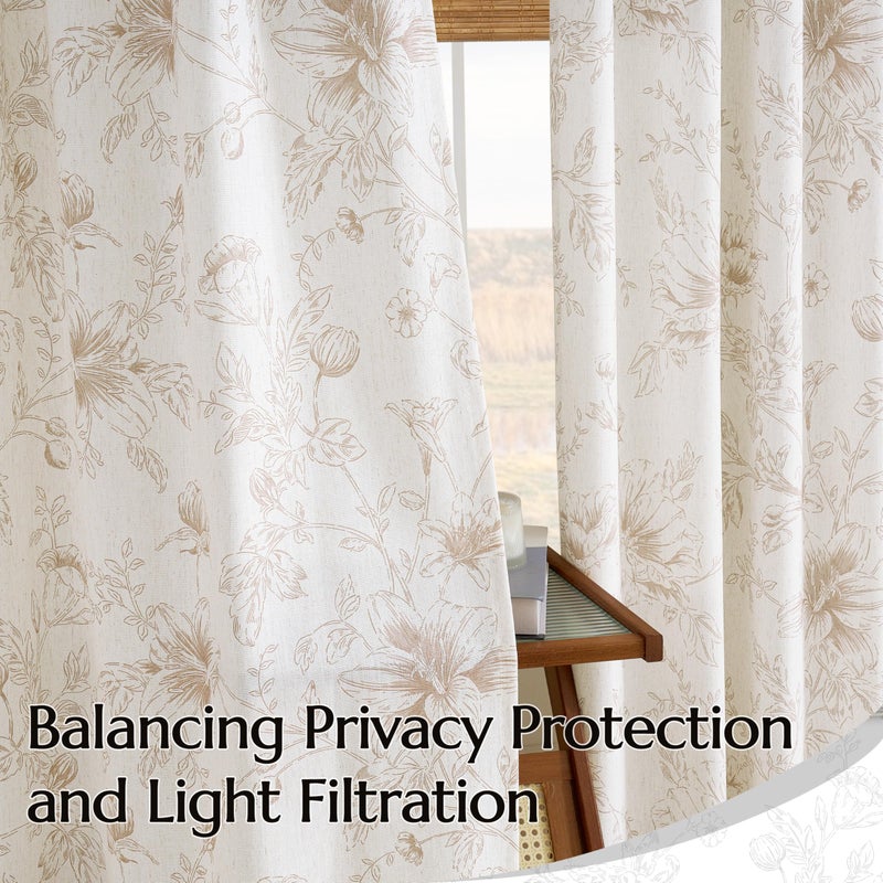 BILEEHOME Tan Beige Floral Linen Curtains Pinch Pleated for Living Dining Room 96 Inch Length 2 Panels Coffee Flower Pattern Printed Curtains Back Tab Semi Sheer Farmhouse Rustic Country Drape for Bedroom - Image 5