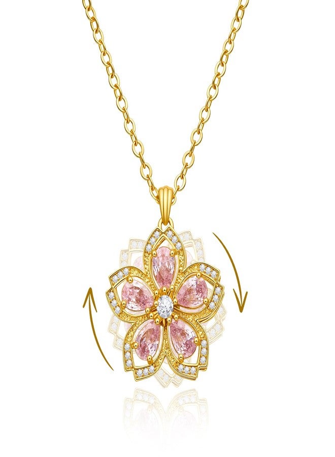 Cicy Bell Womens Cherry Blossom Fidget Necklace Rotatable Dainty Cubic Zirconia Flower Adjustable Spinning Pendant Necklaces Birthday Valentine's Day Jewelry Gifts, 45CM, Brass, CZ Stone, Cubic - Image 1