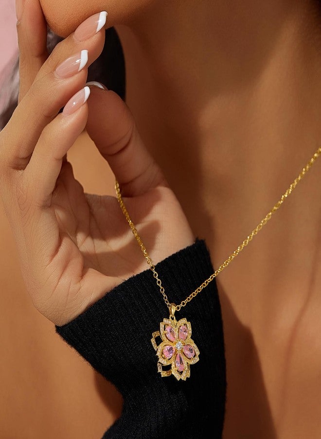 Cicy Bell Womens Cherry Blossom Fidget Necklace Rotatable Dainty Cubic Zirconia Flower Adjustable Spinning Pendant Necklaces Birthday Valentine's Day Jewelry Gifts, 45CM, Brass, CZ Stone, Cubic - Image 4