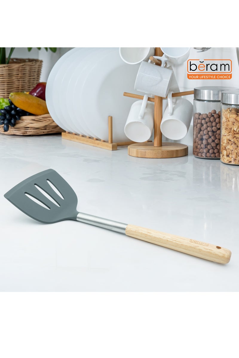 Beram Silicone Spatula Set with Wooden & Steel Handles, Heat-Resistant, BPA-Free, Non-Stick Safe Grey (Single Slotted Shovel) - Image 2