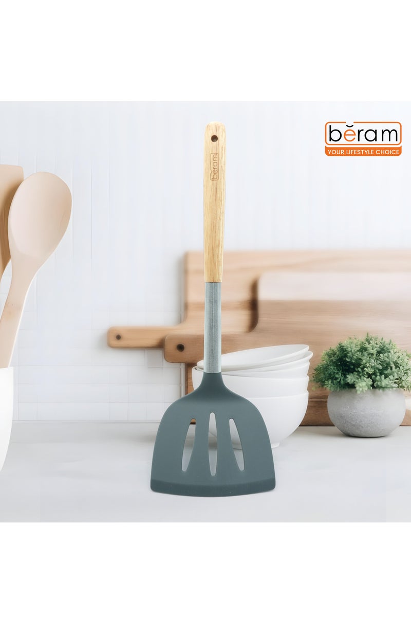 Beram Silicone Spatula Set with Wooden & Steel Handles, Heat-Resistant, BPA-Free, Non-Stick Safe Grey (Single Slotted Shovel) - Image 4