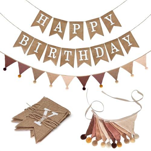 owandan Burlap Happy Birthday Banner with Pennant Banner Flags for Birthdays Decorations Brown Burlap Happy Birthday Signs Bunting for Men Women Boys Girls kids Neutral Celebration Party Backdrops - Image 1