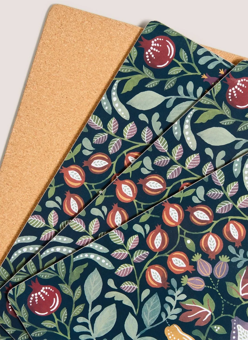 Matalan 4 Pack Folk Harvest Corkback Placemats Black/Green
