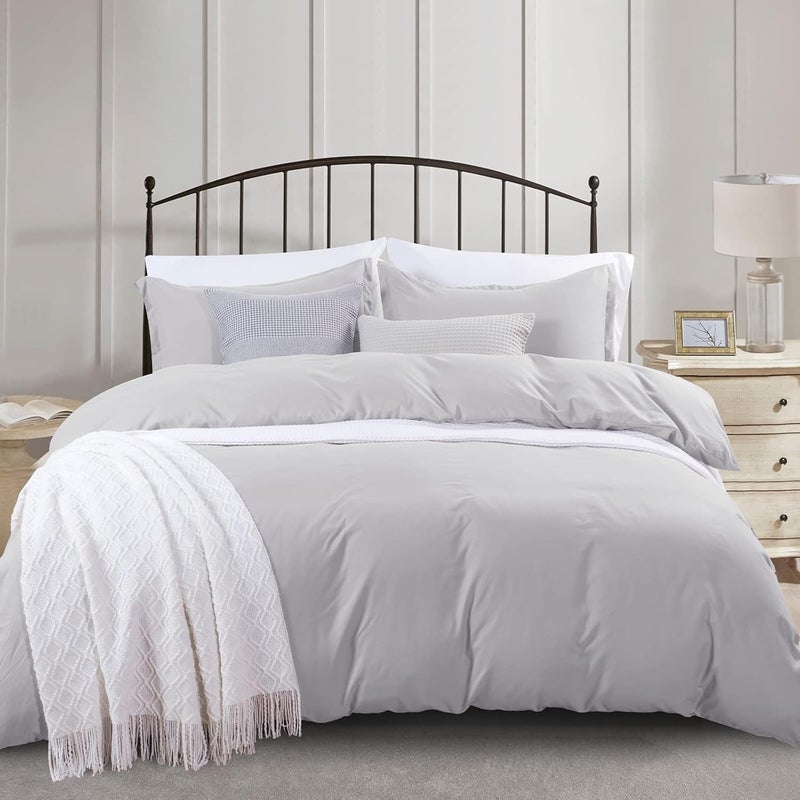 PHF 3 Piece Super King Size Washed Duvet Covet Set, Silky Breathable Microfiber, Ultra Soft, Set includes 1x 220cm x 260cm Duvet covet + 2x 50cm x 75cm Pillow Shams, Light Grey - Image 1