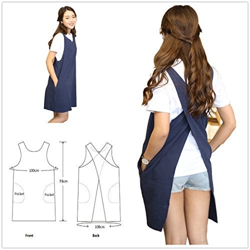 AOBBYBBS Soft Cotton Linen Apron Solid Color Halter Cross Bandage Aprons Japanese Style X Shape Kitchen Cooking Clothes Gift for Women Chef Housewarming (Navy Blue) - Image 3