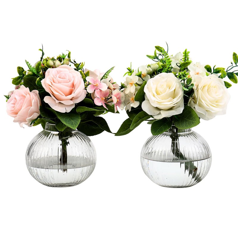 YANWE1 Round Glass Vases, Set of 2 Small Vases for Flowers, Clear Glass Vase for Tulips, Modern Vase for Living Room, Office, Coffee Table, Shelf, Wedding, 5 Inches - Image 1