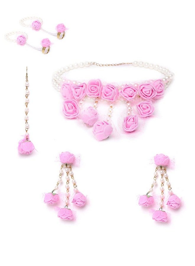 YouBella مجموعة مجوهرات يوبيلا للنساء قلادة فلوريت غوتا باتي، أقراط، سوار ومانغ تيكا للنساء والفتيات (مهندي/هالدي) (وردي) - Image 3