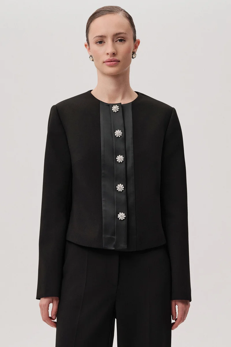 Exquise Black Regular Jacket with Pockets, Crew Neck, Long Sleeves, and Rhinestone Buttons