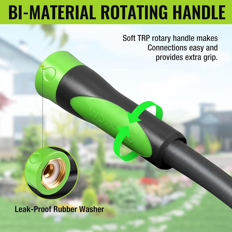ووركبرو خرطوم مياه للحدائق ، بطول 1.6 سم وقطر 15 مترًا، متين ومرن وخفيف الوزن، مزود بمقبض دوار من مادتين مختلفتين يمكنه الدوران 360 درجة، وتوصيلات من النحاس الصلب بقطر 3/4 بوصة، مناسب للاستخدام في الأماكن المفتوحة، الحدائق، وغسيل السيارات. - Image 4