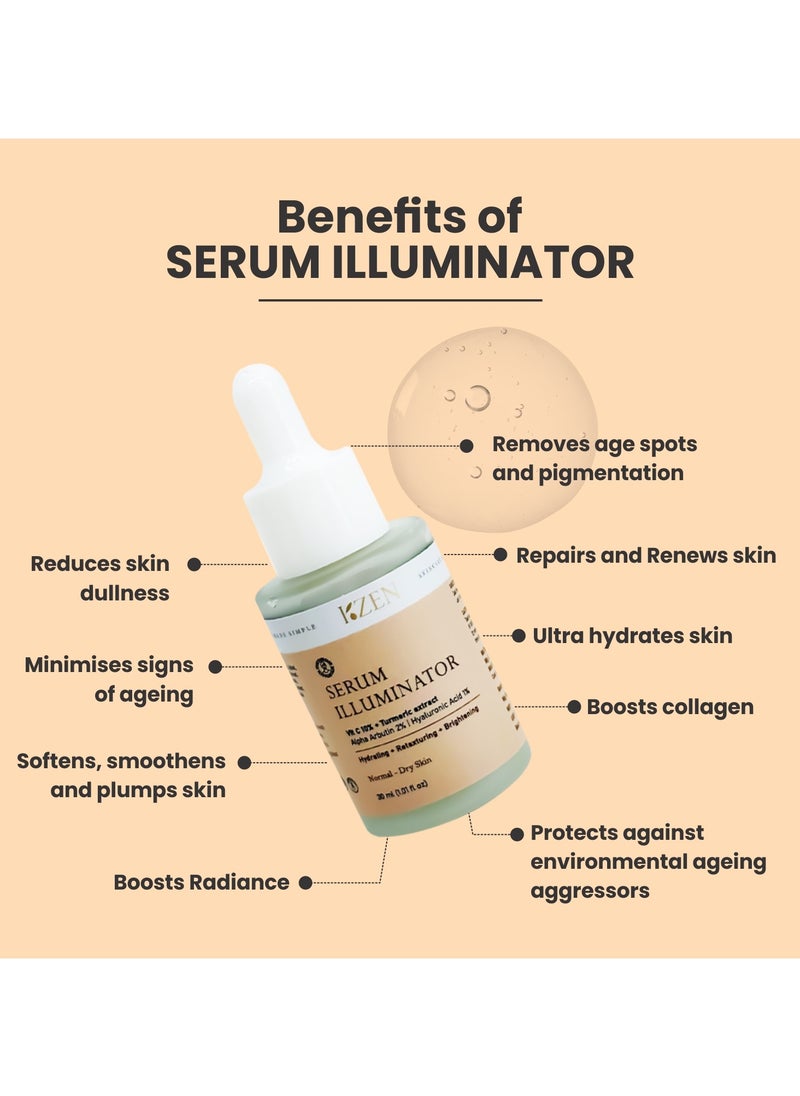 KZEN - Serum Illuminator with Vitamin C 10%, Turmeric extract, Hyaluronic Acid 1%, Alpha Arbutin 2%, Licorice, Gotu Kola | Hydrating, Retexturing and Brightening | Free from Artificial fragrance, Paraben and Sulphate - 30 ml (1.1 fl oz) - Image 1